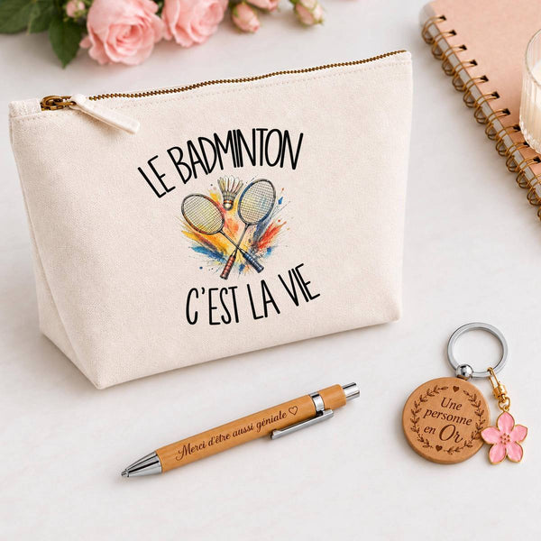 Coffret Cadeau Le badminton c'est la vie – Trousse, stylo bambou et porte-clés