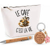 Coffret Cadeau Le café c'est la vie – Trousse, stylo bambou et porte-clés