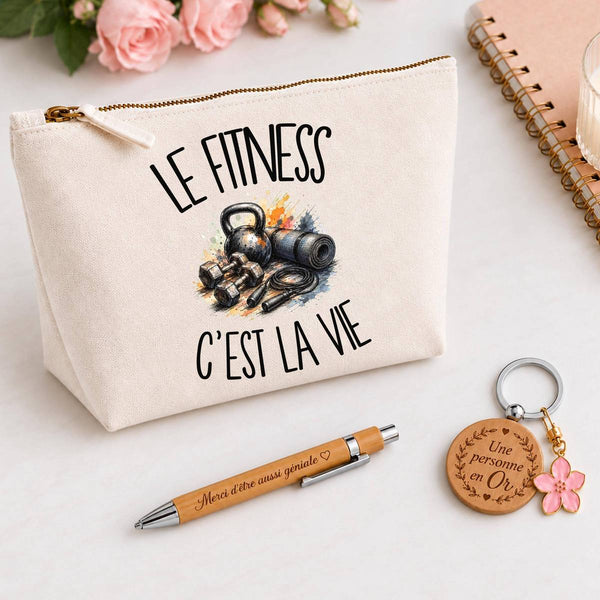 Coffret Cadeau Le fitness c'est la vie – Trousse, stylo bambou et porte-clés