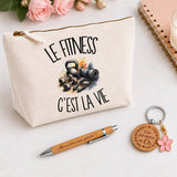 Coffret Cadeau Le fitness c'est la vie – Trousse, stylo bambou et porte-clés