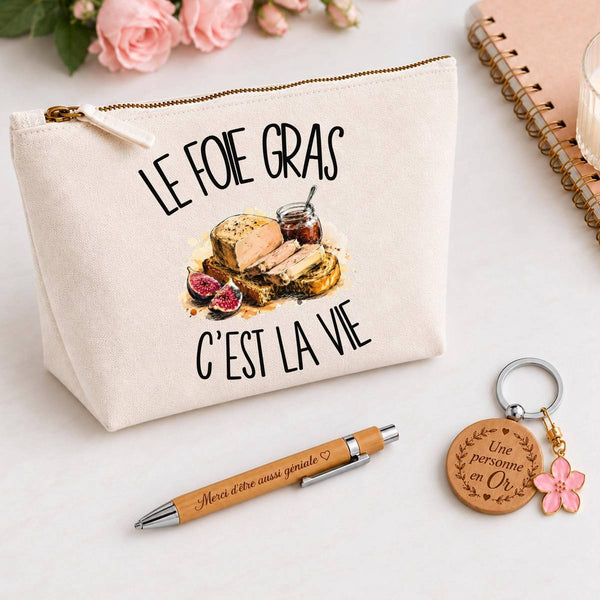 Coffret Cadeau Le foie gras c'est la vie – Trousse, stylo bambou et porte-clés