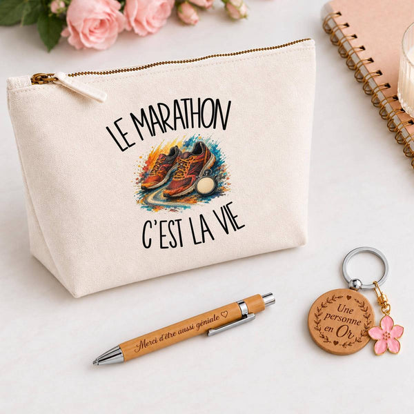 Coffret Cadeau Le marathon c'est la vie – Trousse, stylo bambou et porte-clés