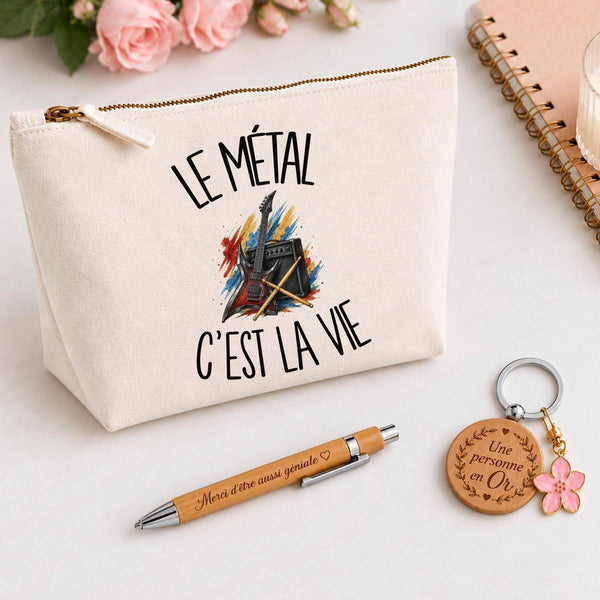 Coffret Cadeau Le métal c'est la vie – Trousse, stylo bambou et porte-clés