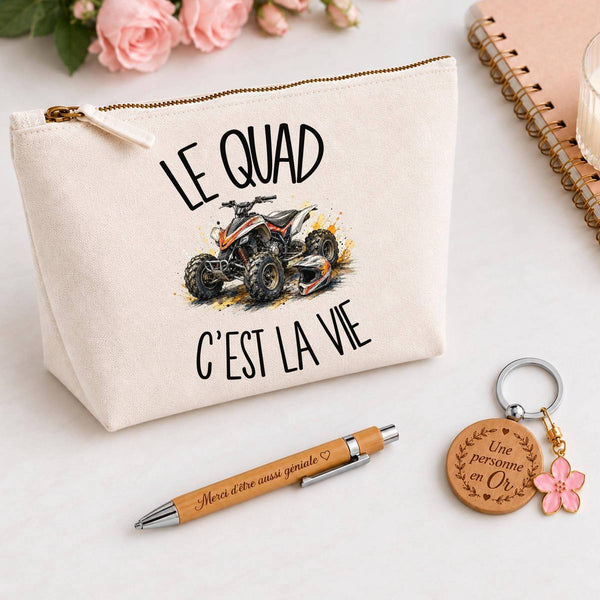 Coffret Cadeau Le quad c'est la vie – Trousse, stylo bambou et porte-clés