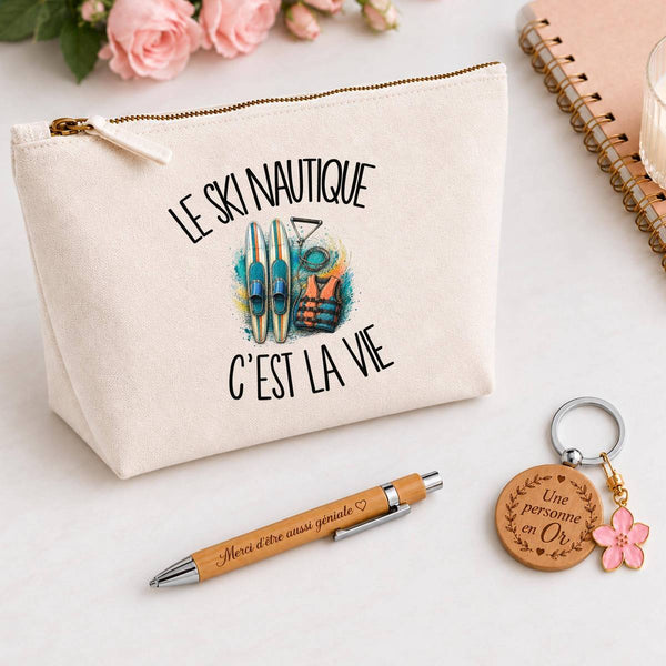 Coffret Cadeau Le ski nautique c'est la vie – Trousse, stylo bambou et porte-clés