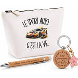 Coffret Cadeau Le sport auto c'est la vie – Trousse, stylo bambou et porte-clés