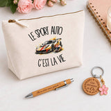 Coffret Cadeau Le sport auto c'est la vie – Trousse, stylo bambou et porte-clés