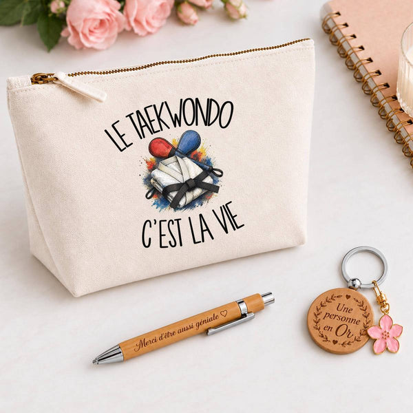 Coffret Cadeau Le taekwondo c'est la vie – Trousse, stylo bambou et porte-clés