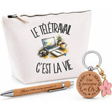 Coffret Cadeau Le télétravail c'est la vie – Trousse, stylo bambou et porte-clés