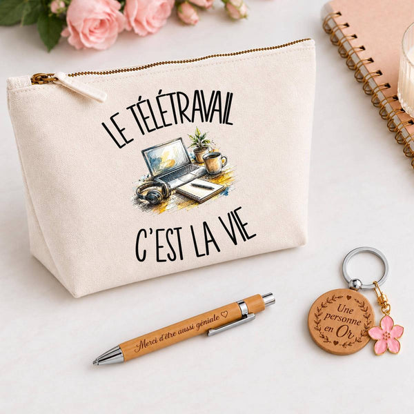 Coffret Cadeau Le télétravail c'est la vie – Trousse, stylo bambou et porte-clés