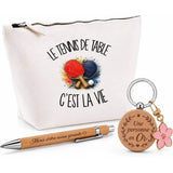 Coffret Cadeau Le tennis de table c'est la vie – Trousse, stylo bambou et porte-clés