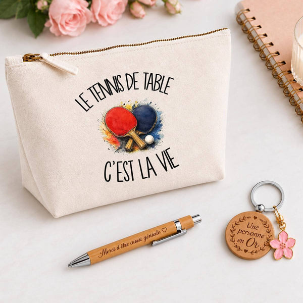 Coffret Cadeau Le tennis de table c'est la vie – Trousse, stylo bambou et porte-clés