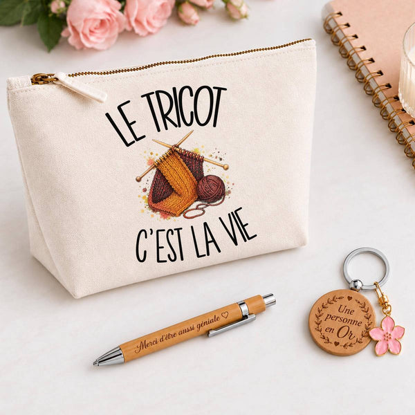Coffret Cadeau Le tricot c'est la vie – Trousse, stylo bambou et porte-clés
