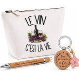 Coffret Cadeau Le vin c'est la vie – Trousse, stylo bambou et porte-clés