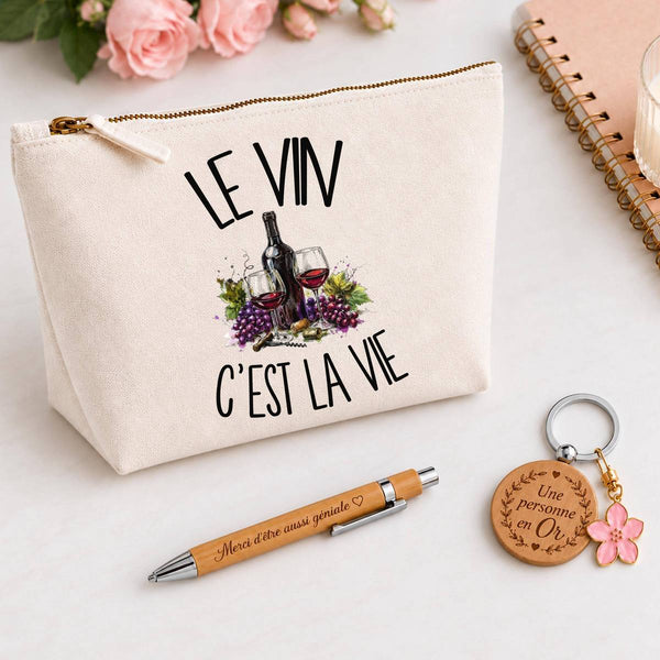 Coffret Cadeau Le vin c'est la vie – Trousse, stylo bambou et porte-clés