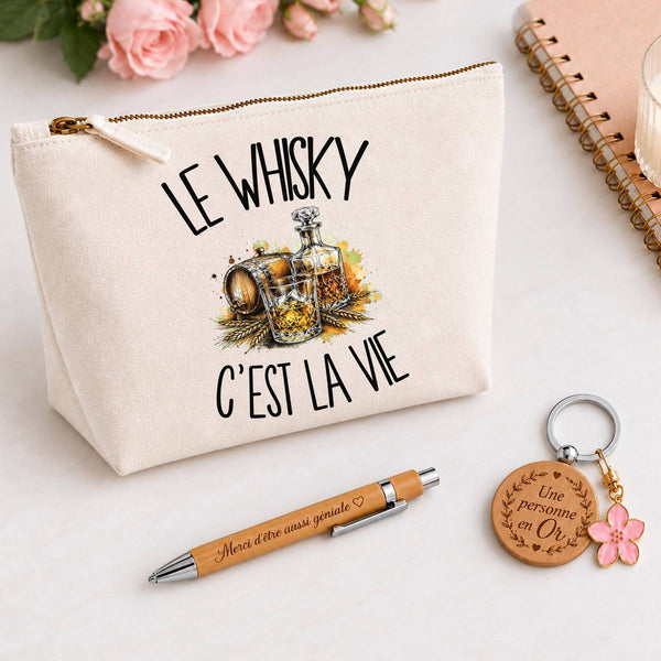 Coffret Cadeau Le whisky c'est la vie – Trousse, stylo bambou et porte-clés