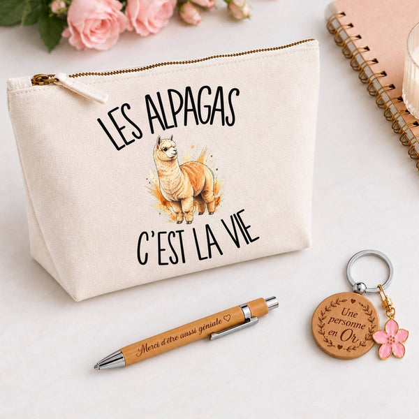 Coffret Cadeau Les alpagas c'est la vie – Trousse, stylo bambou et porte-clés