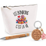 Coffret Cadeau Les bonbons c'est la vie – Trousse, stylo bambou et porte-clés