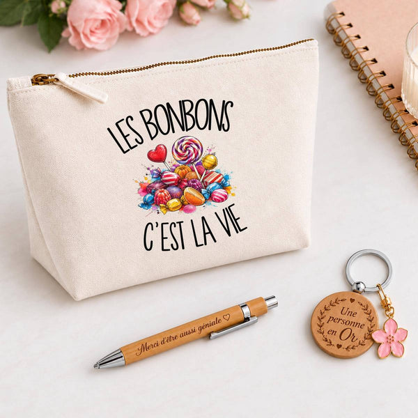 Coffret Cadeau Les bonbons c'est la vie – Trousse, stylo bambou et porte-clés