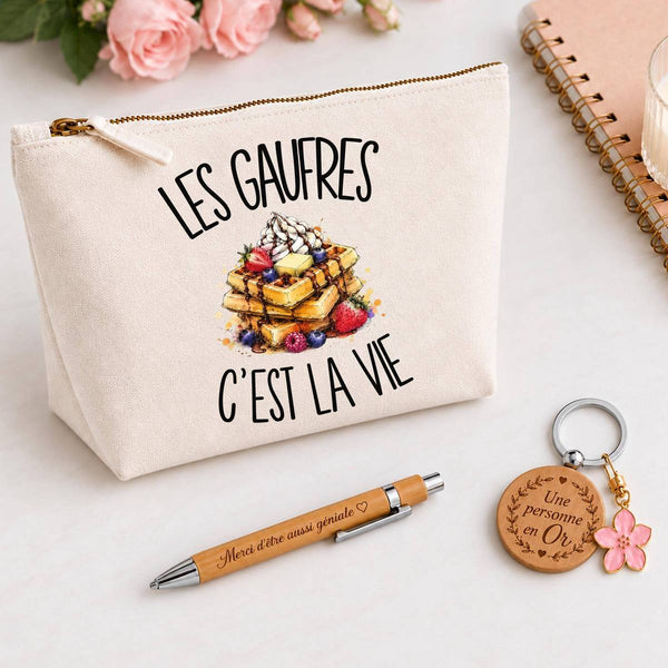 Coffret Cadeau Les gaufres c'est la vie – Trousse, stylo bambou et porte-clés