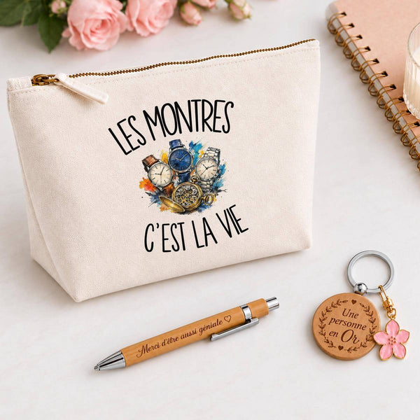 Coffret Cadeau Les montres c'est la vie – Trousse, stylo bambou et porte-clés