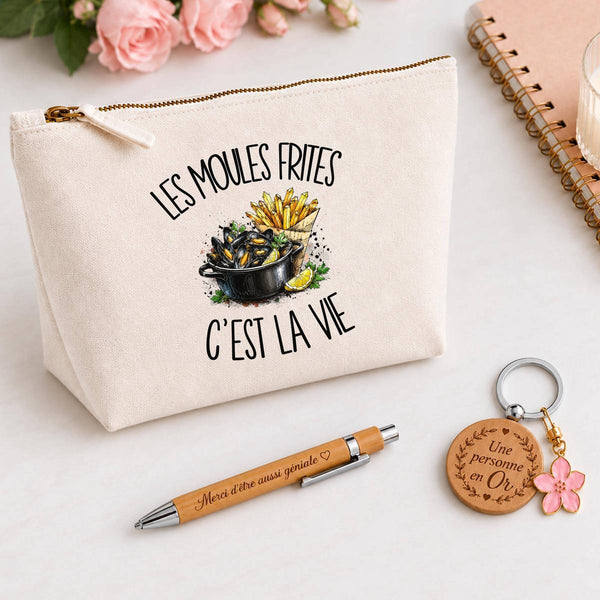 Coffret Cadeau Les moules frites c'est la vie – Trousse, stylo bambou et porte-clés