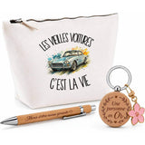 Coffret Cadeau Les vieilles voitures c'est la vie – Trousse, stylo bambou et porte-clés