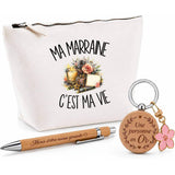 Coffret Cadeau Ma marraine c'est ma vie – Trousse, stylo bambou et porte-clés