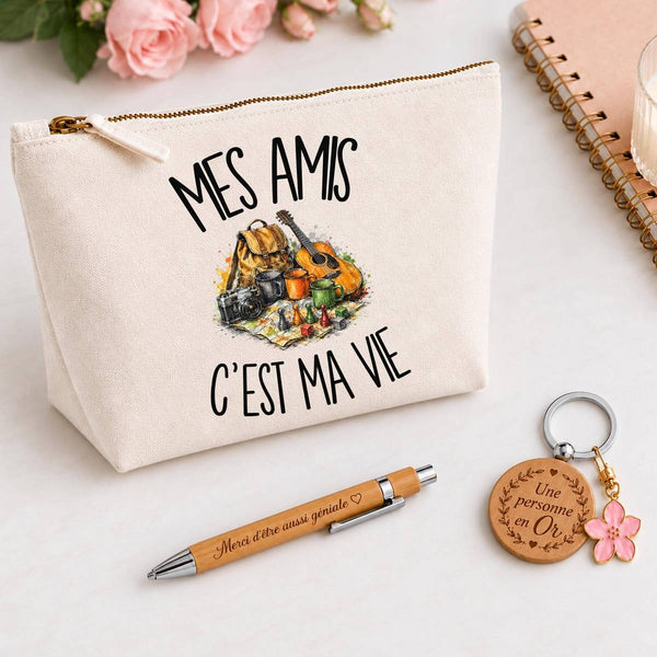 Coffret Cadeau Mes amis c'est ma vie – Trousse, stylo bambou et porte-clés