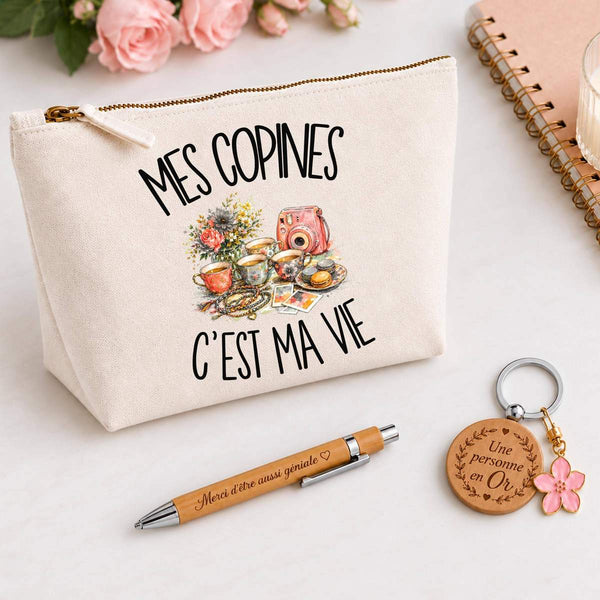 Coffret Cadeau Mes copines c'est ma vie – Trousse, stylo bambou et porte-clés