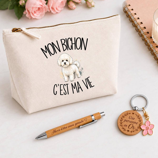 Coffret Cadeau Mon Bichon c'est ma vie – Trousse, stylo bambou et porte-clés