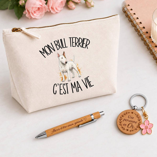 Coffret Cadeau Mon Bull Terrier c'est ma vie – Trousse, stylo bambou et porte-clés