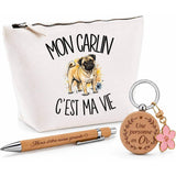 Coffret Cadeau Mon Carlin c'est ma vie – Trousse, stylo bambou et porte-clés