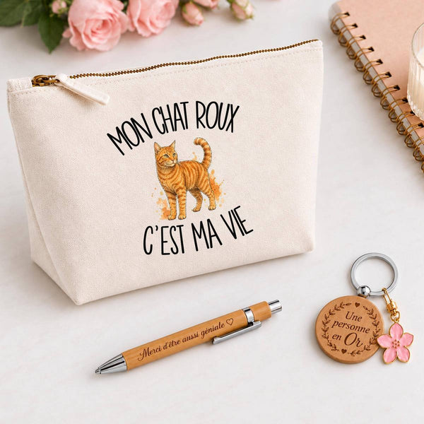 Coffret Cadeau Mon chat roux c'est ma vie – Trousse, stylo bambou et porte-clés