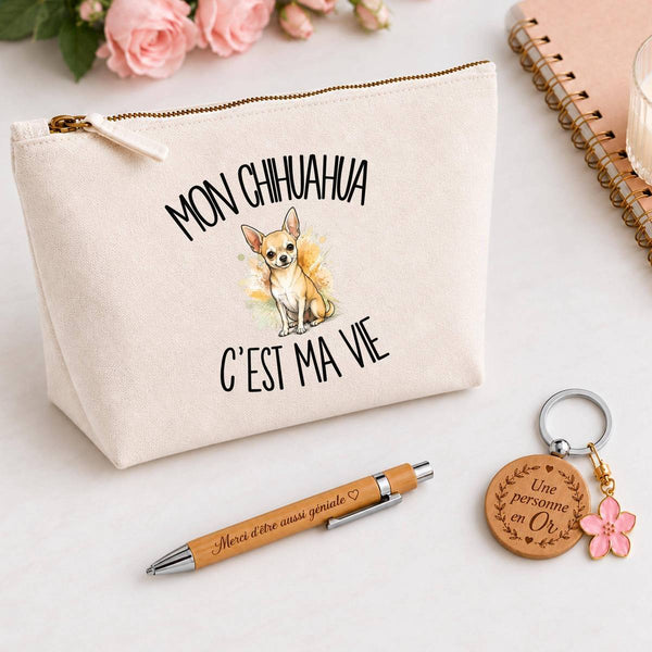 Coffret Cadeau Mon Chihuahua c'est ma vie – Trousse, stylo bambou et porte-clés