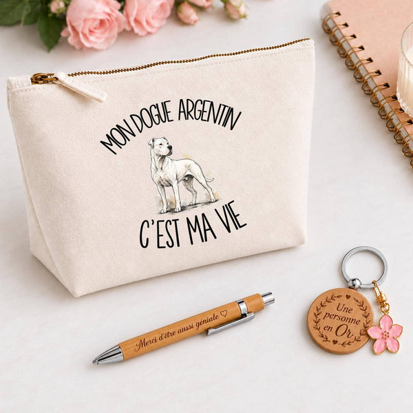 Coffret Cadeau Mon Dogue Argentin c'est ma vie – Trousse, stylo bambou et porte-clés