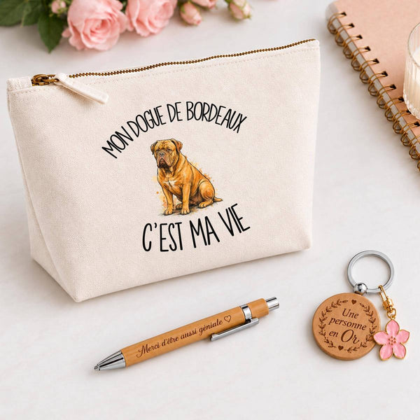 Coffret Cadeau Mon Dogue de Bordeaux c'est ma vie – Trousse, stylo bambou et porte-clés