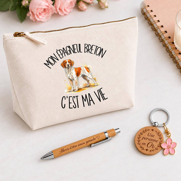 Coffret Cadeau Mon Épagneul Breton c'est ma vie – Trousse, stylo bambou et porte-clés