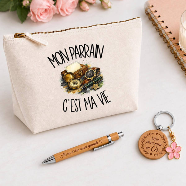 Coffret Cadeau Mon parrain c'est ma vie – Trousse, stylo bambou et porte-clés