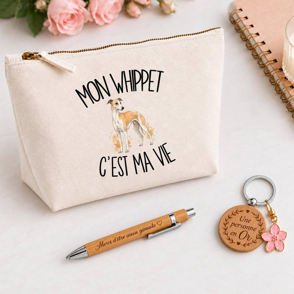 Coffret Cadeau Mon Whippet c'est ma vie – Trousse, stylo bambou et porte-clés