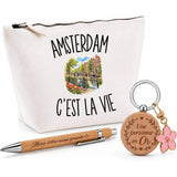 Coffret Cadeau Amsterdam c’est la vie – Trousse, stylo bambou et porte-clés