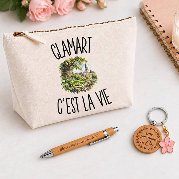 Coffret Cadeau Clamart c’est la vie – Trousse, stylo bambou et porte-clés