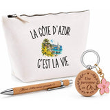 Coffret Cadeau La Côte d’Azur c’est la vie – Trousse, stylo bambou et porte-clés