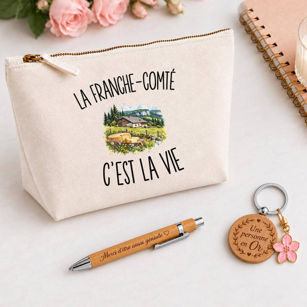Coffret Cadeau La Franche-Comté c’est la vie – Trousse, stylo bambou et porte-clés