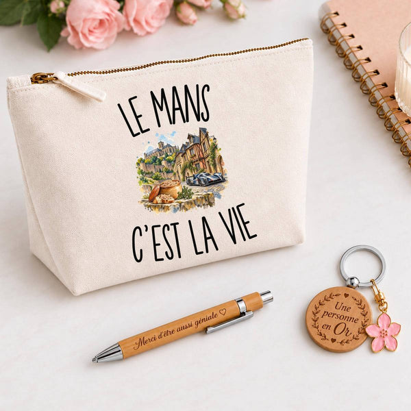 Coffret Cadeau Le Mans c’est la vie – Trousse, stylo bambou et porte-clés