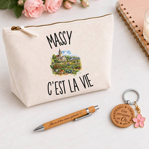 Coffret Cadeau Massy c’est la vie – Trousse, stylo bambou et porte-clés