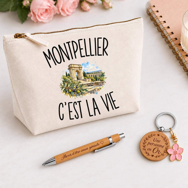 Coffret Cadeau Montpellier c’est la vie – Trousse, stylo bambou et porte-clés