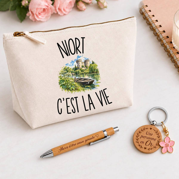 Coffret Cadeau Niort c’est la vie – Trousse, stylo bambou et porte-clés