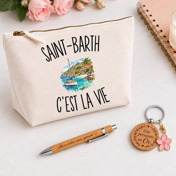 Coffret Cadeau Saint-Barth c’est la vie – Trousse, stylo bambou et porte-clés