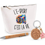Coffret Cadeau L’E-Sport c’est la vie – Trousse, stylo bambou et porte-clés